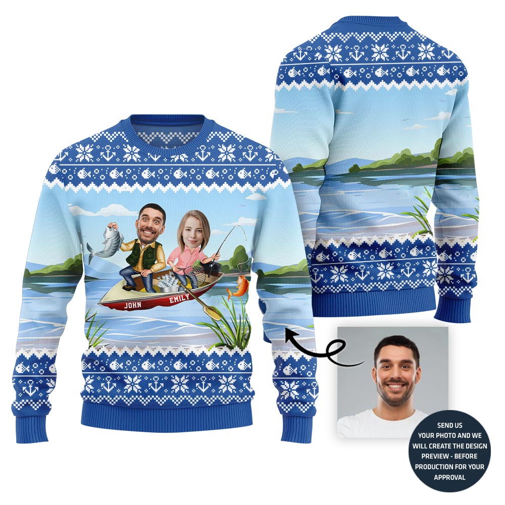 Custom Face And Name Fishing Christmas Sweater