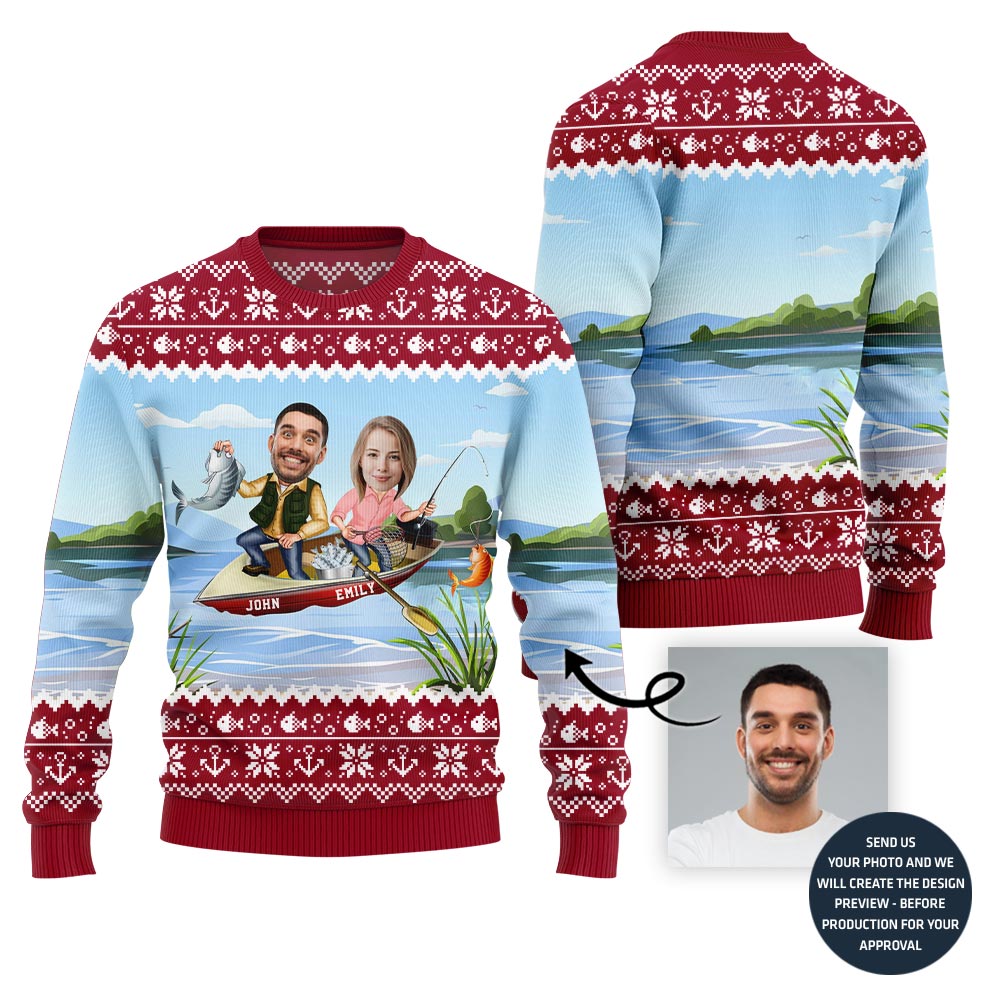 Custom Face And Name Fishing Christmas Sweater