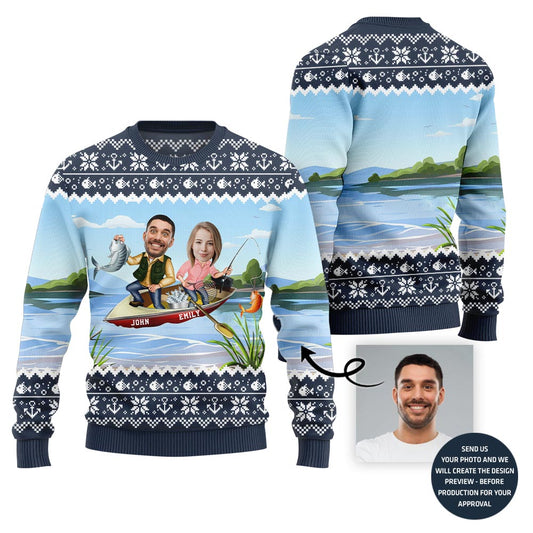 Custom Face And Name Fishing Christmas Sweater