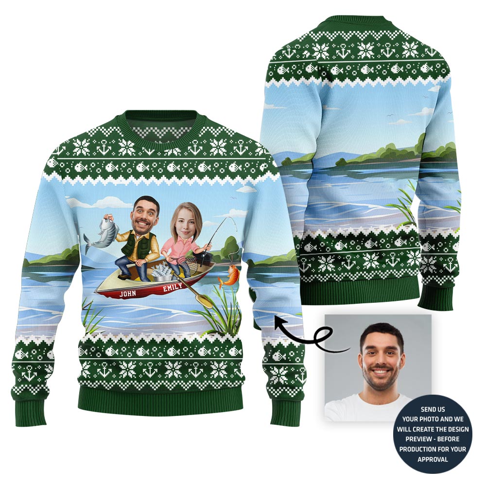 Custom Face And Name Fishing Christmas Sweater