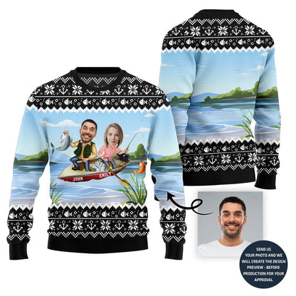 Custom Face And Name Fishing Christmas Sweater