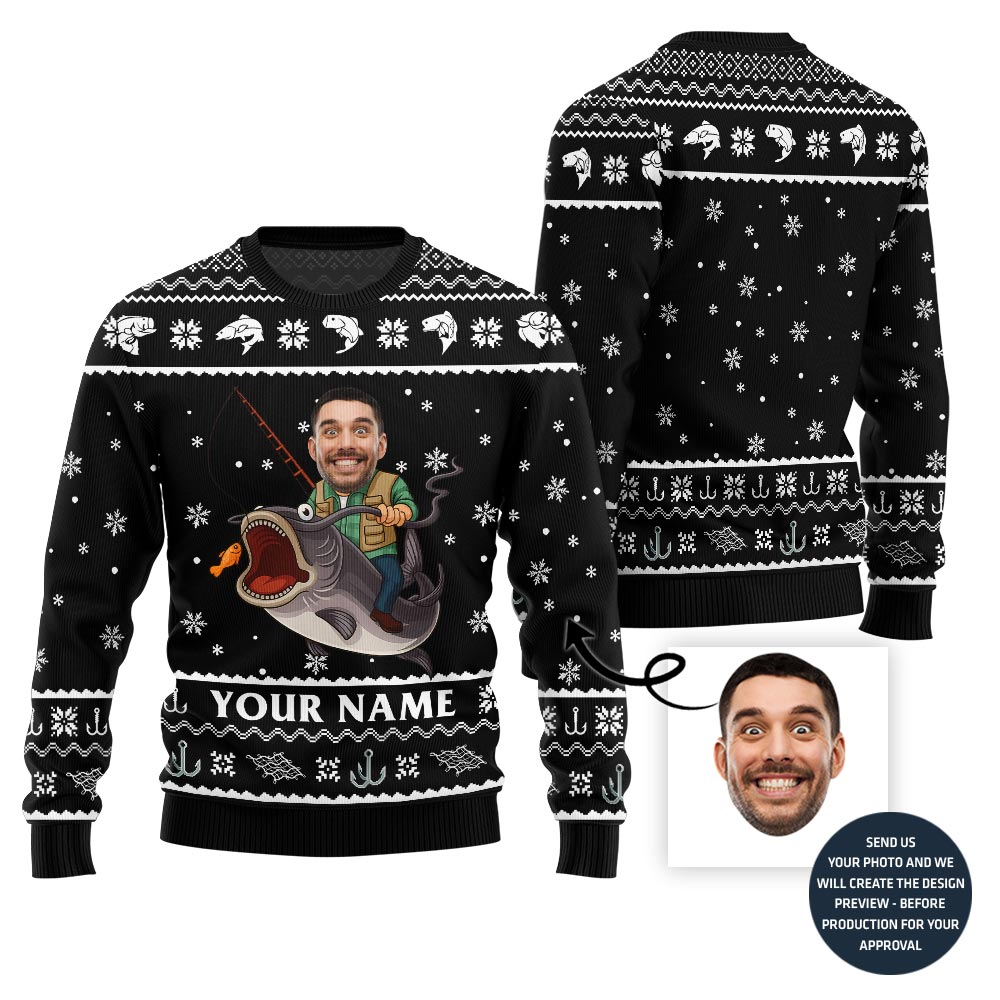 Custom Face And Name Fishing Christmas Sweater Men