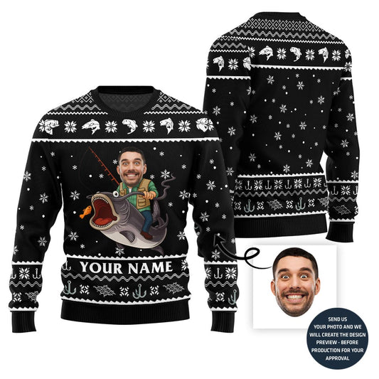 Custom Face And Name Fishing Christmas Sweater Men