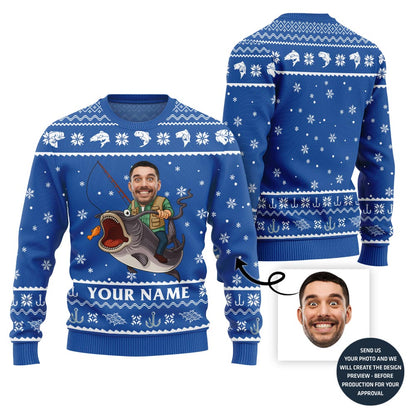 Custom Face And Name Fishing Christmas Sweater Men