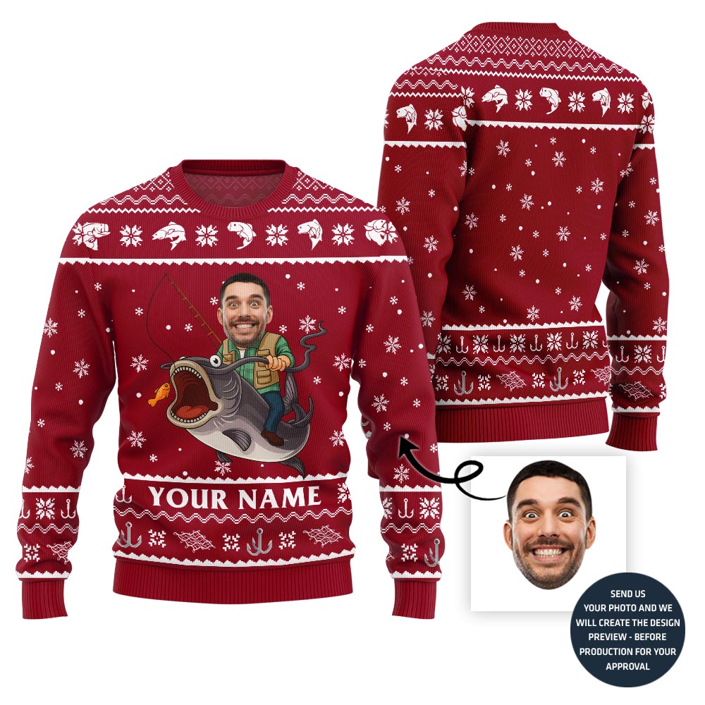 Custom Face And Name Fishing Christmas Sweater Men