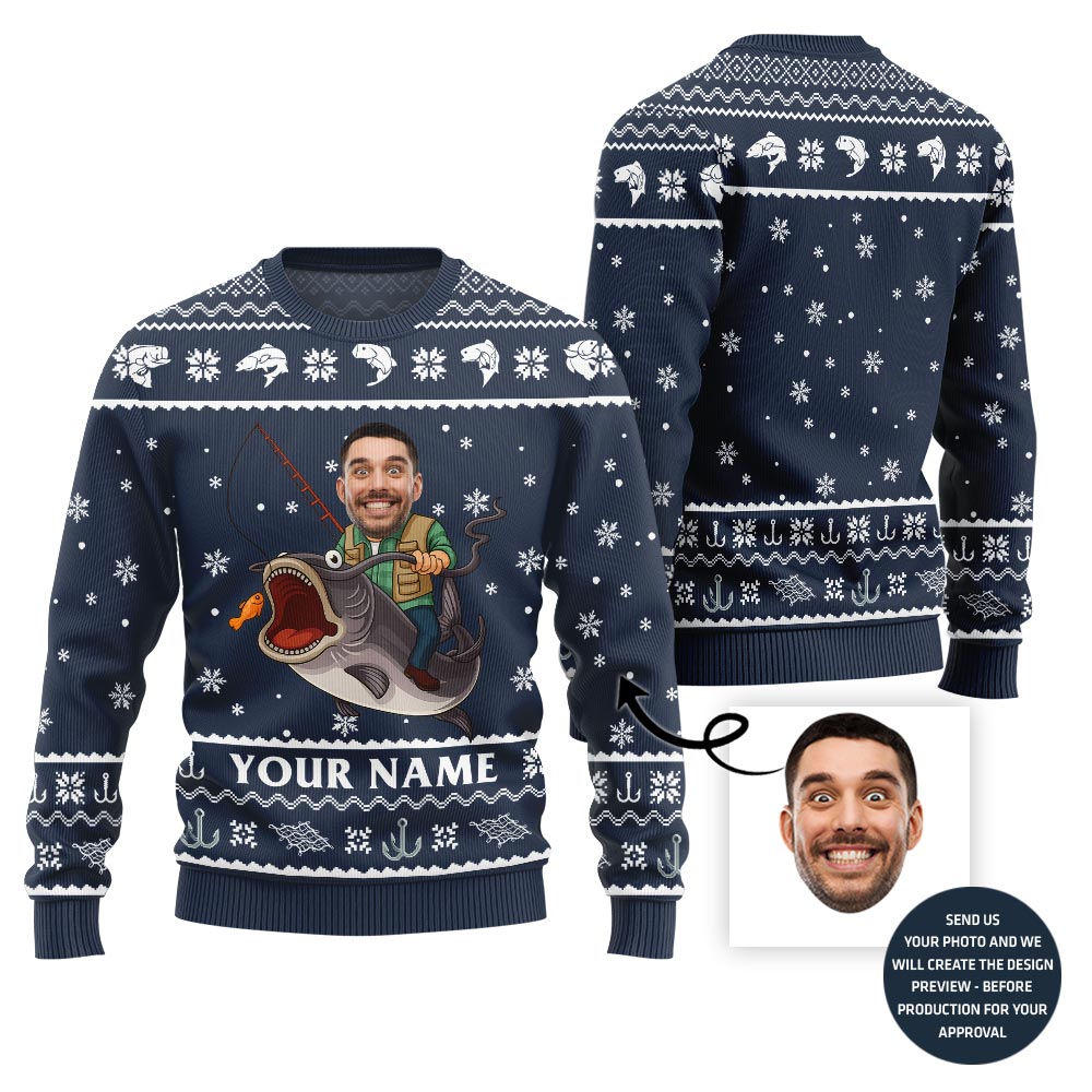Custom Face And Name Fishing Christmas Sweater Men