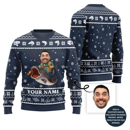 Custom Face And Name Fishing Christmas Sweater Men