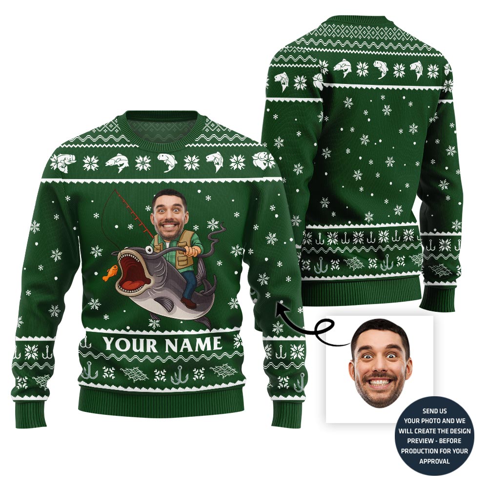 Custom Face And Name Fishing Christmas Sweater Men