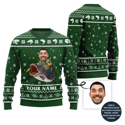 Custom Face And Name Fishing Christmas Sweater Men
