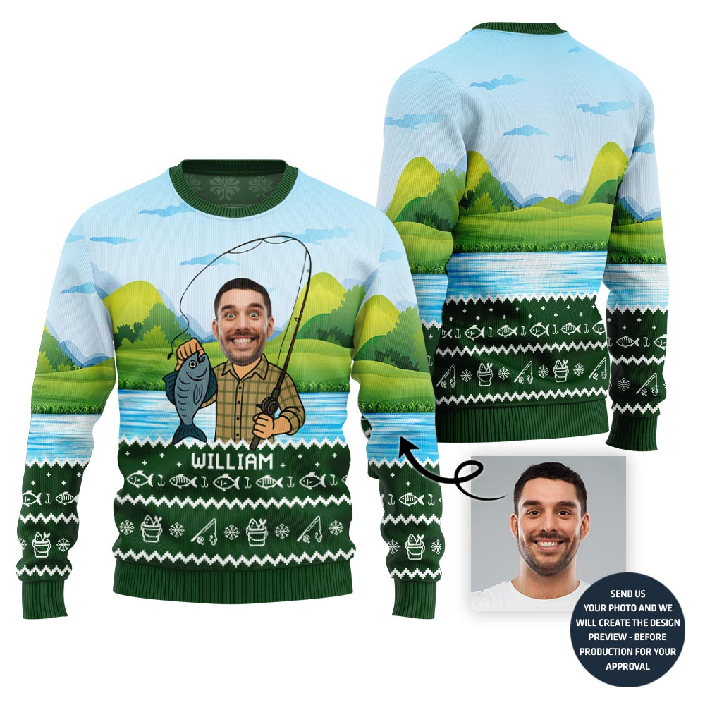Custom Face And Name Fishing Ugly Sweater