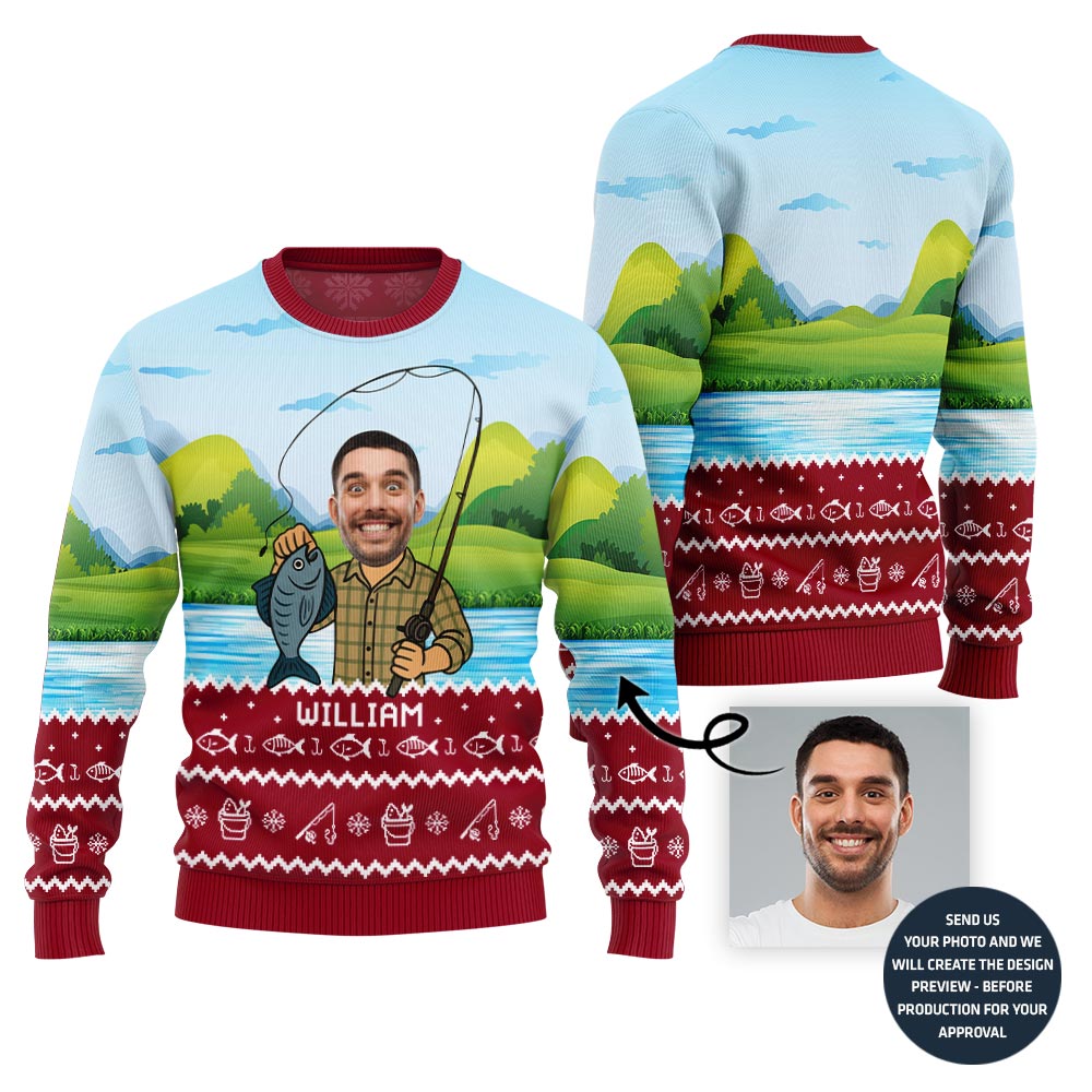 Custom Face And Name Fishing Ugly Sweater