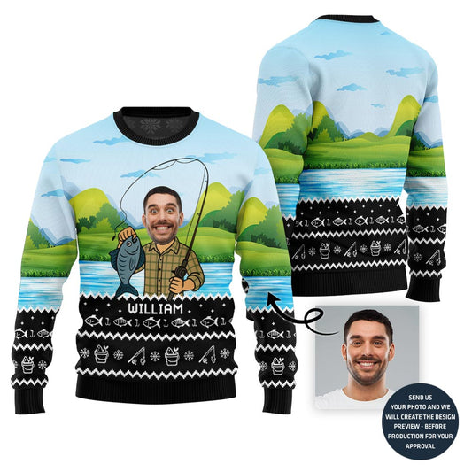 Custom Face And Name Fishing Ugly Sweater