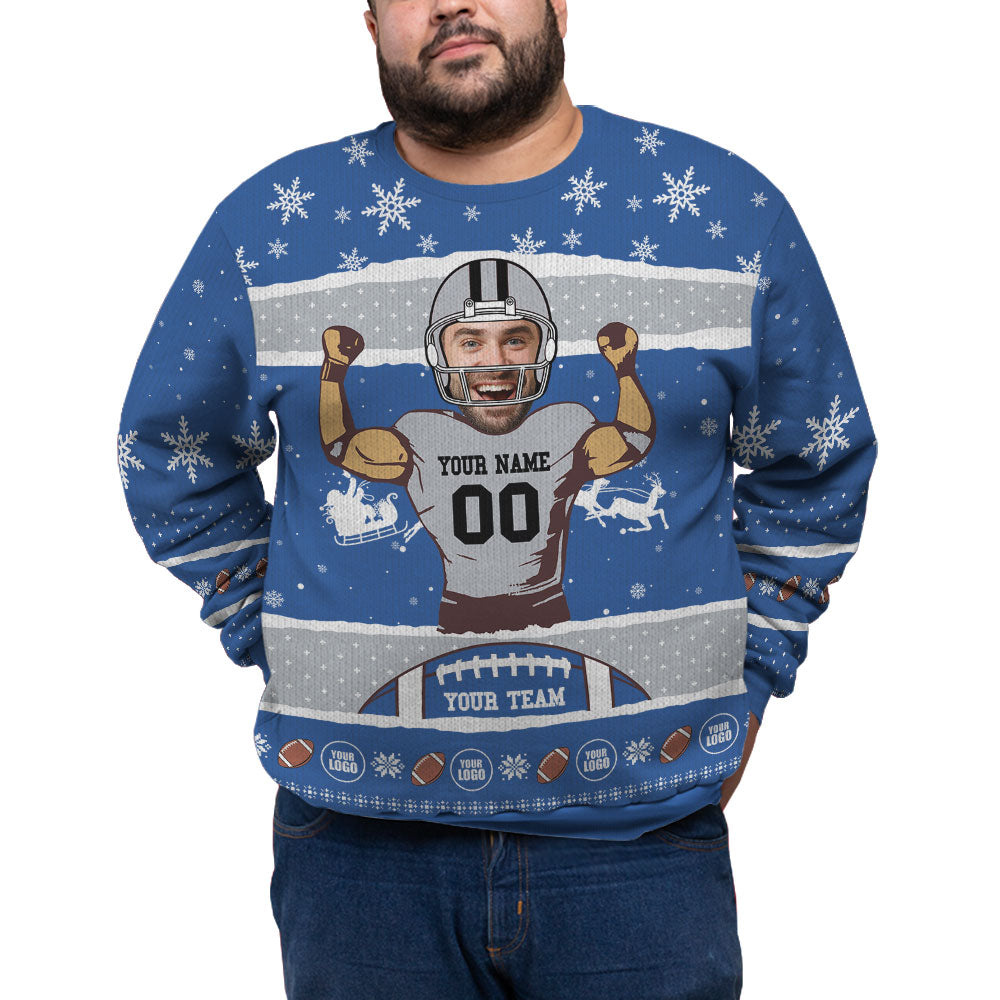 Custom Face And Name Football Plus Size Xmas Sweater