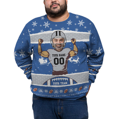 Custom Face And Name Football Plus Size Xmas Sweater