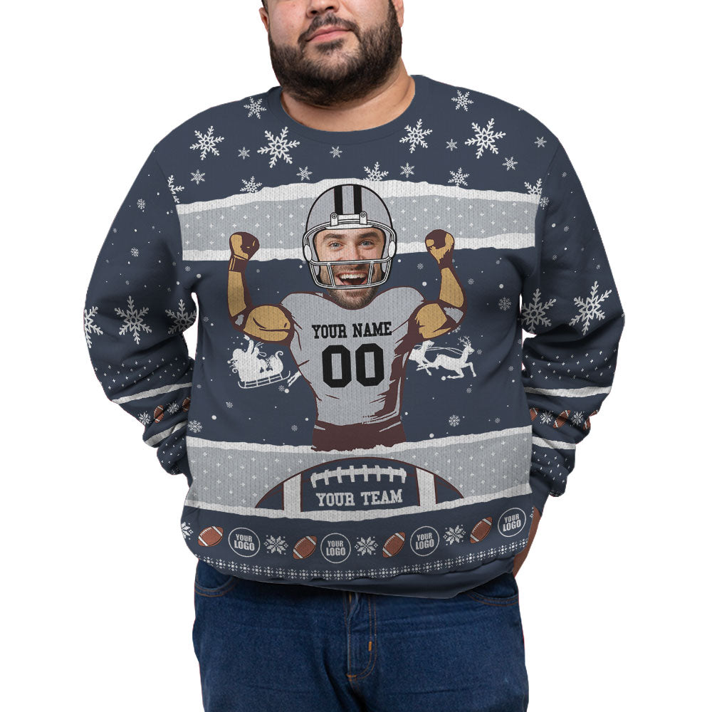 Custom Face And Name Football Plus Size Xmas Sweater
