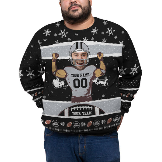 Custom Face And Name Football Plus Size Xmas Sweater