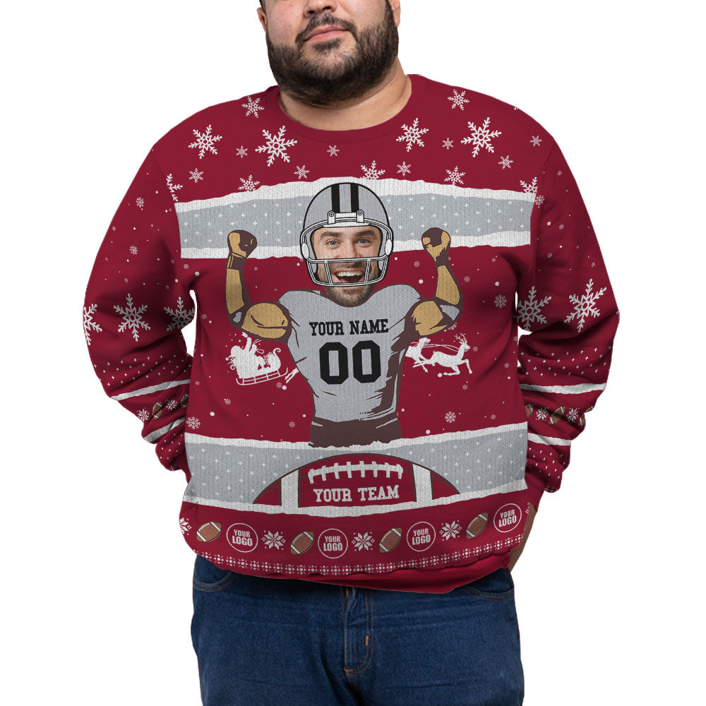 Custom Face And Name Football Plus Size Xmas Sweater