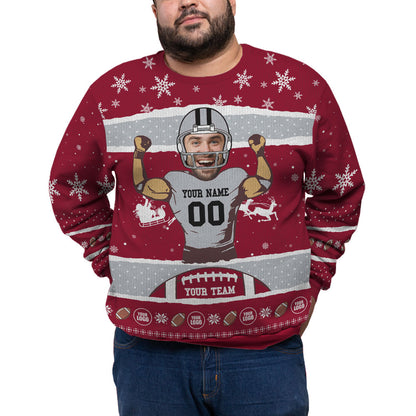 Custom Face And Name Football Plus Size Xmas Sweater