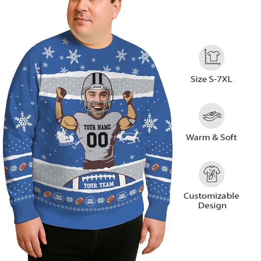 Custom Face And Name Football Plus Size Xmas Sweater