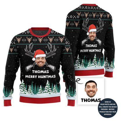 Custom Face And Name Hunting Christmas Sweater For Men