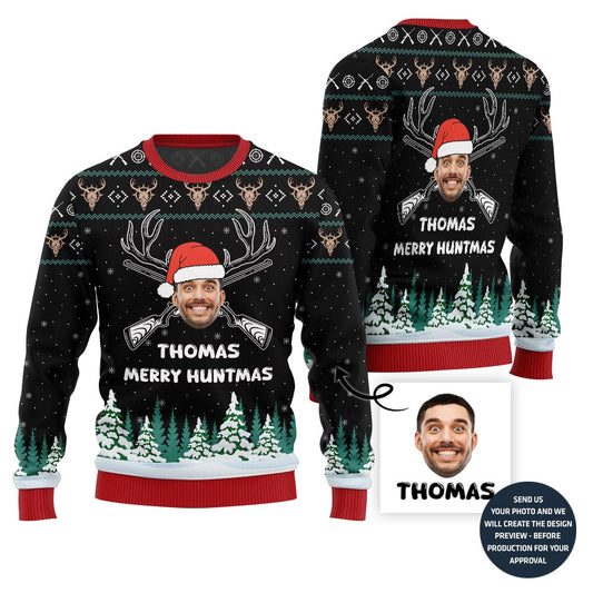 Custom Face And Name Hunting Christmas Sweater For Men