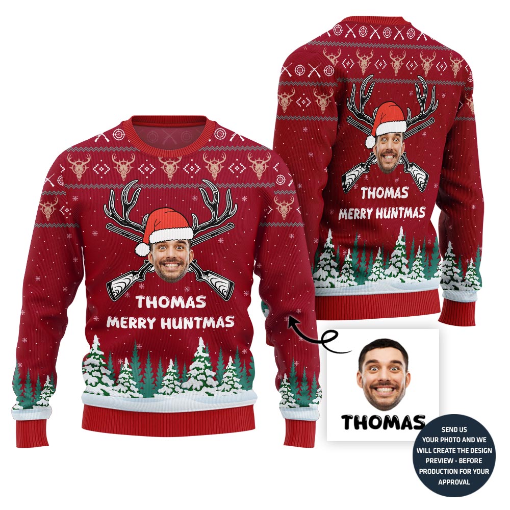 Custom Face And Name Hunting Christmas Sweater For Men
