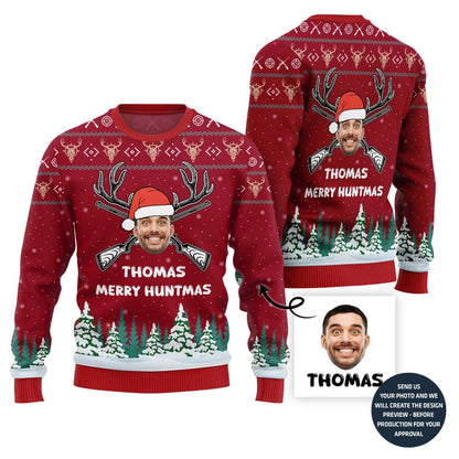 Custom Face And Name Hunting Christmas Sweater For Men