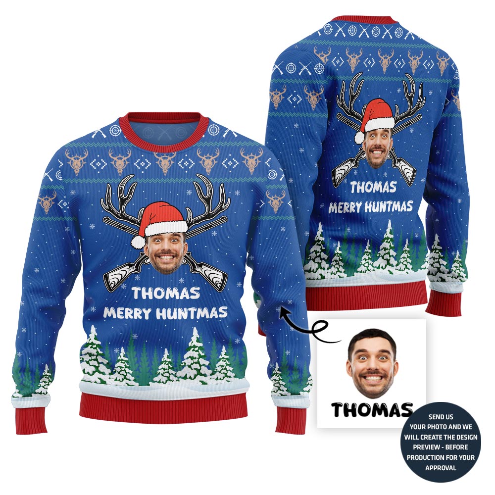Custom Face And Name Hunting Christmas Sweater For Men