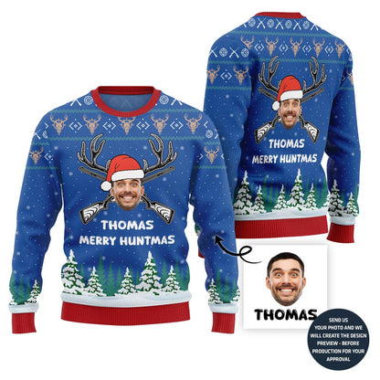 Custom Face And Name Hunting Christmas Sweater For Men