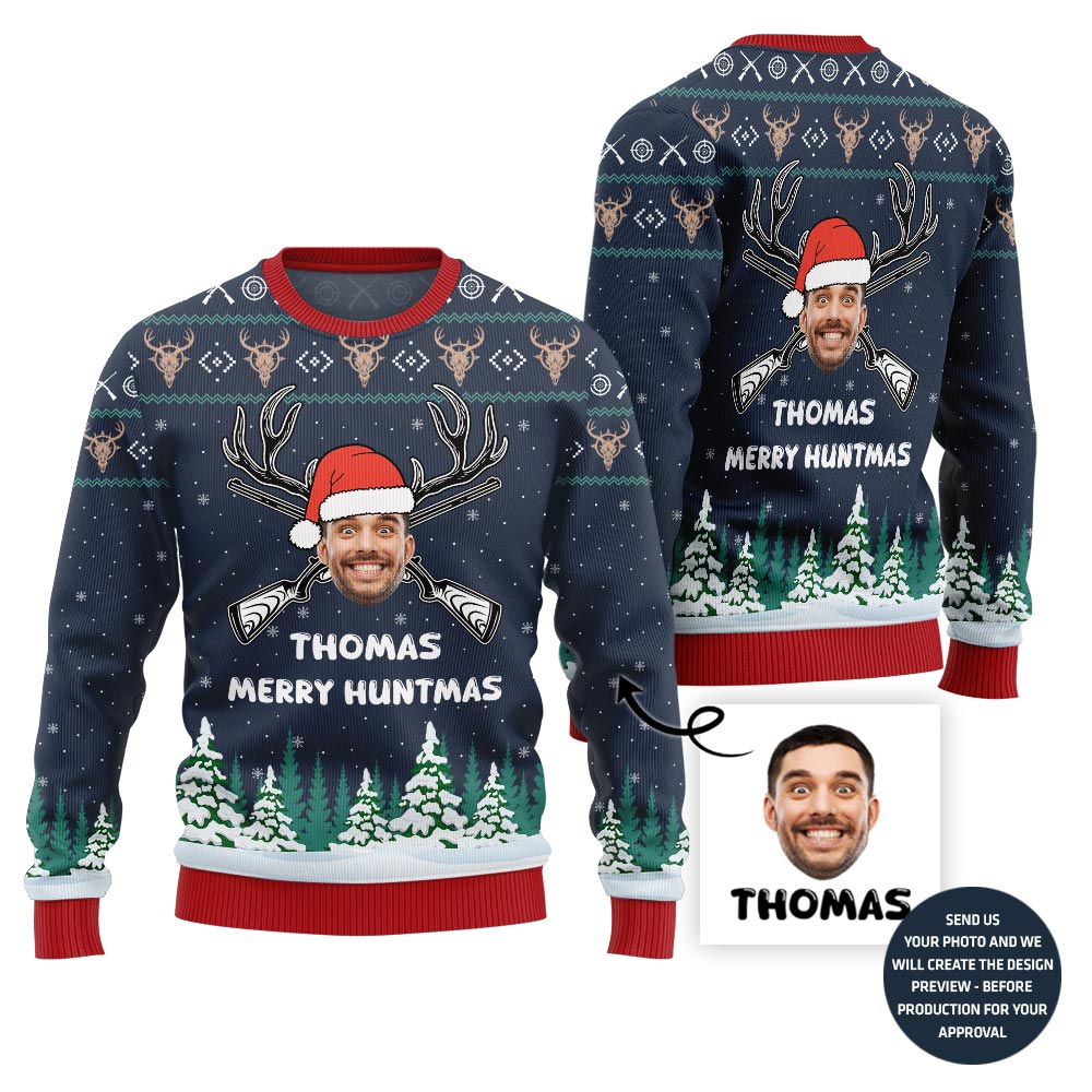 Custom Face And Name Hunting Christmas Sweater For Men
