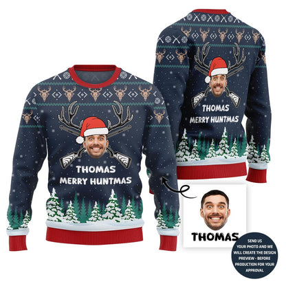 Custom Face And Name Hunting Christmas Sweater For Men