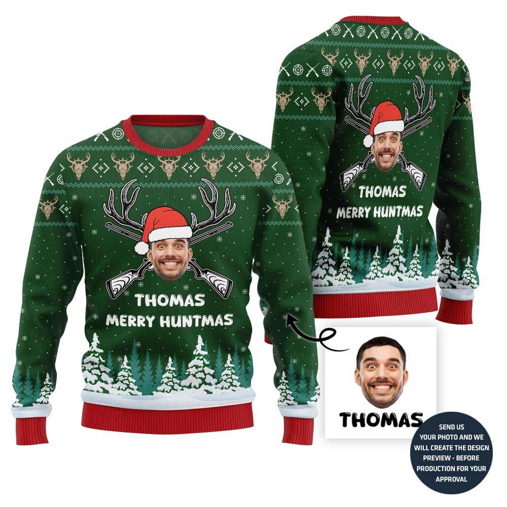 Custom Face And Name Hunting Christmas Sweater For Men