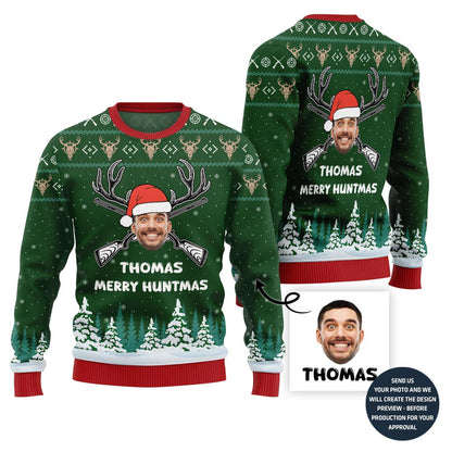 Custom Face And Name Hunting Christmas Sweater For Men