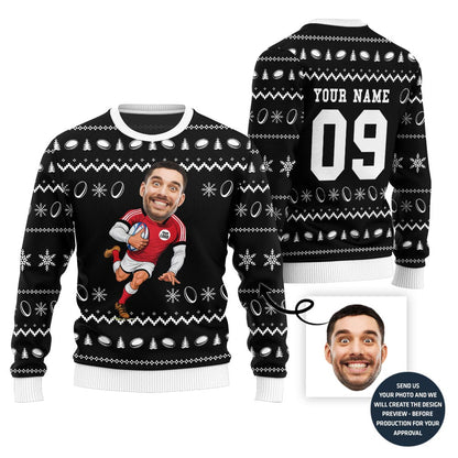 Custom Face And Name Rugby Christmas Sweater With Preview