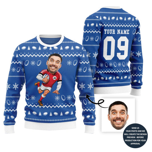 Custom Face And Name Rugby Christmas Sweater With Preview