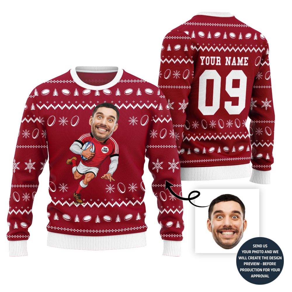 Custom Face And Name Rugby Christmas Sweater With Preview