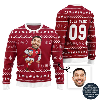 Custom Face And Name Rugby Christmas Sweater With Preview