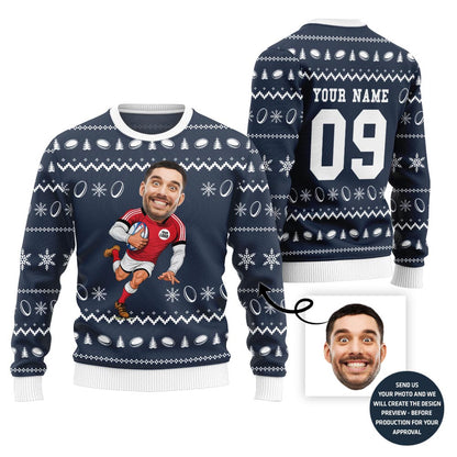 Custom Face And Name Rugby Christmas Sweater With Preview