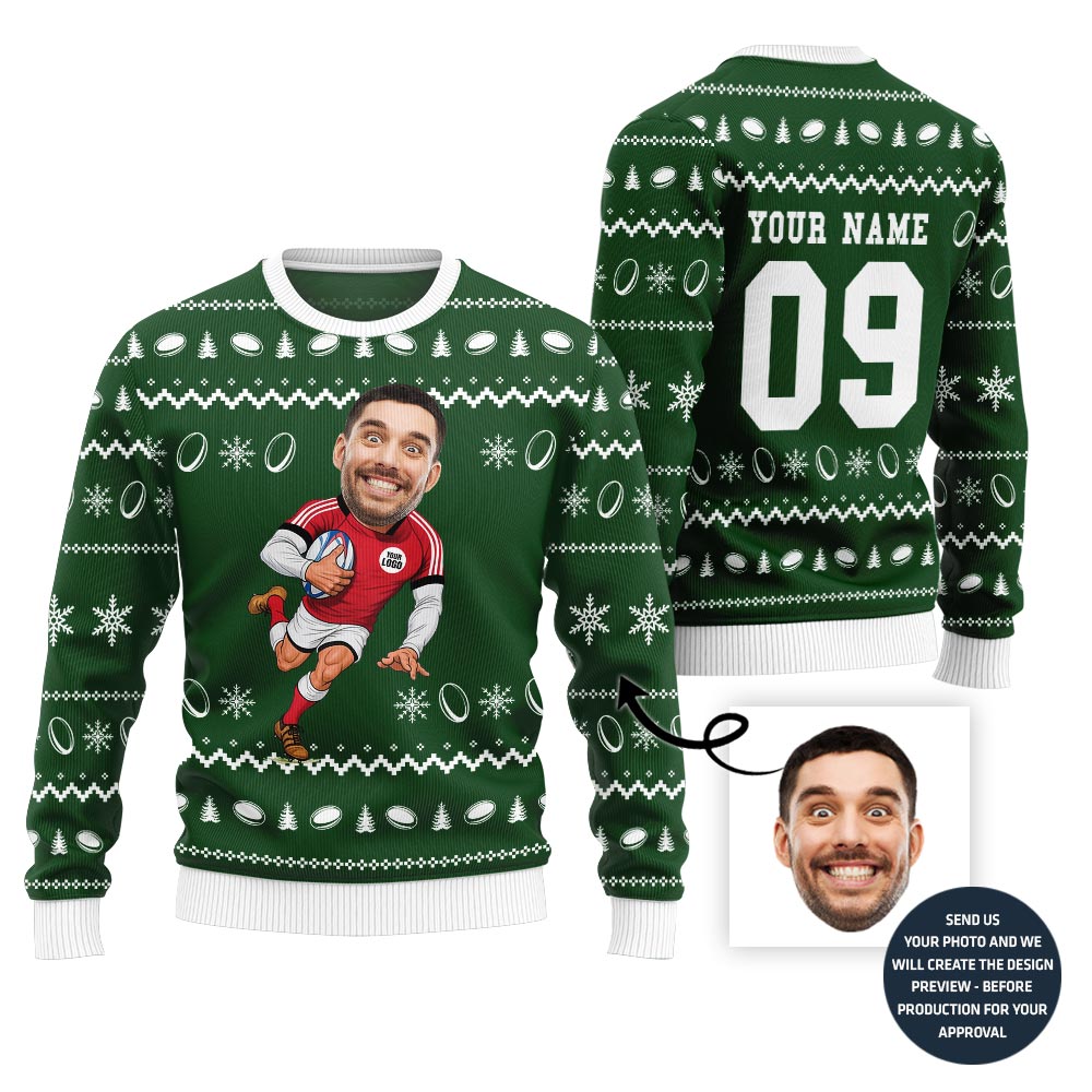 Custom Face And Name Rugby Christmas Sweater With Preview