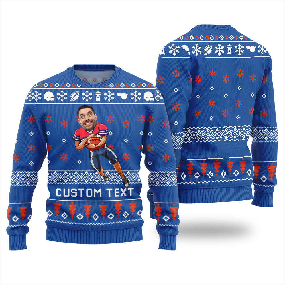 Custom Face And Text Football Ugly Christmas Sweater For Team
