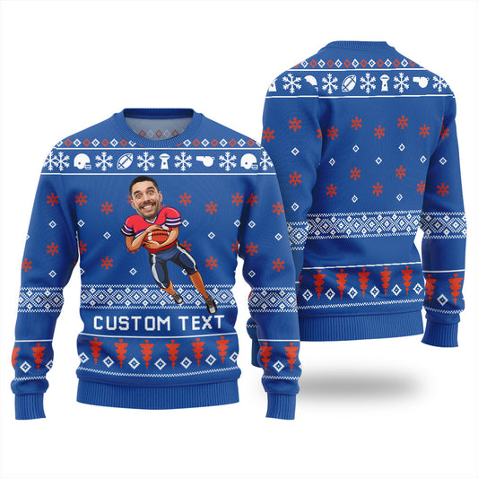 Custom Face And Text Football Ugly Christmas Sweater For Team