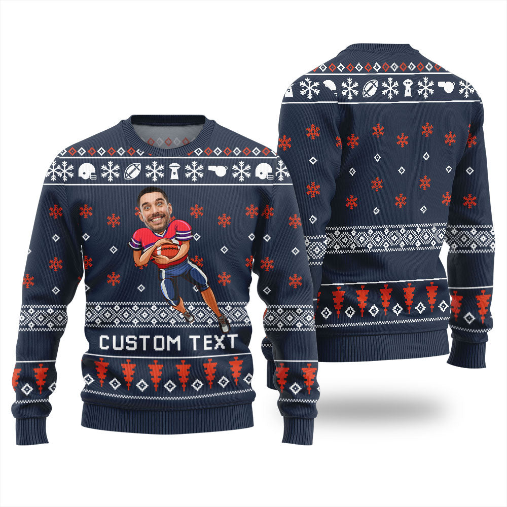 Custom Face And Text Football Ugly Christmas Sweater For Team