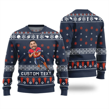 Custom Face And Text Football Ugly Christmas Sweater For Team
