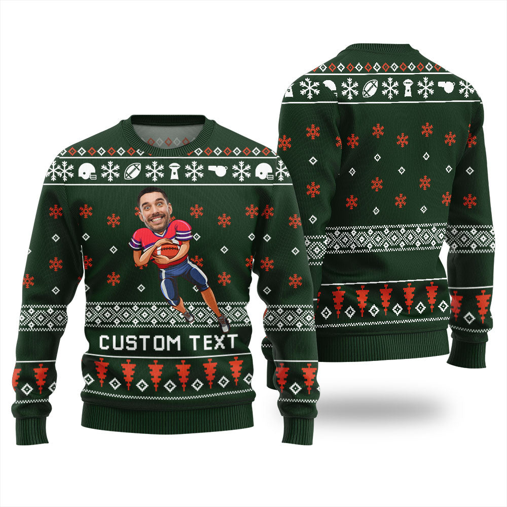 Custom Face And Text Football Ugly Christmas Sweater For Team