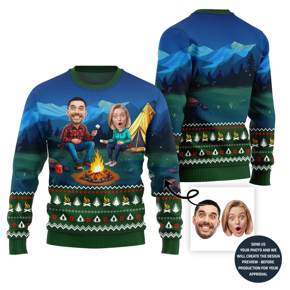 Custom Face Camping Ugly Christmas Sweater