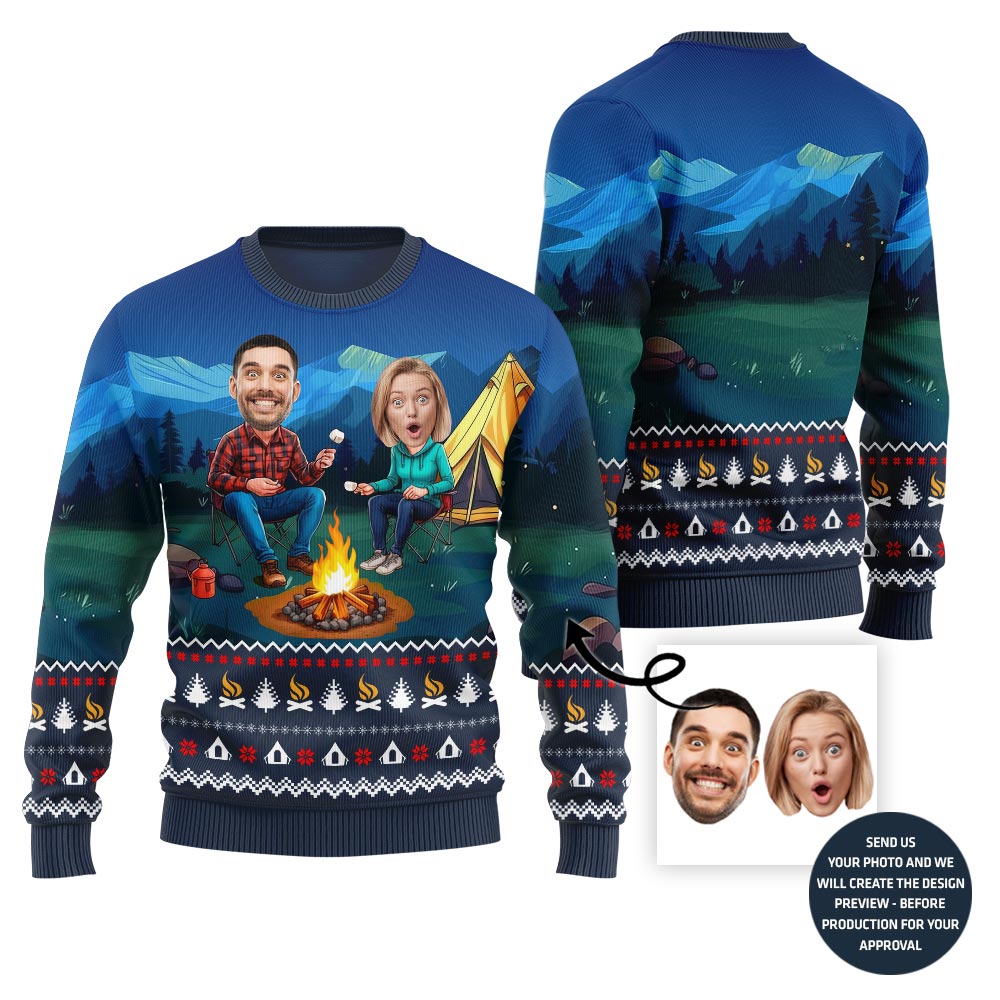 Custom Face Camping Ugly Christmas Sweater