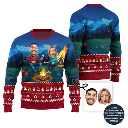 Custom Face Camping Ugly Christmas Sweater