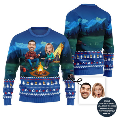 Custom Face Camping Ugly Christmas Sweater