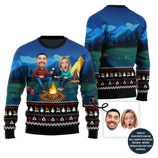 Custom Face Camping Ugly Christmas Sweater