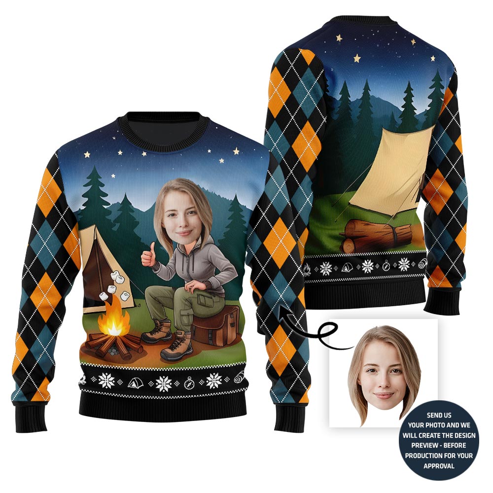 Custom Face Camping Ugly Holiday Sweater